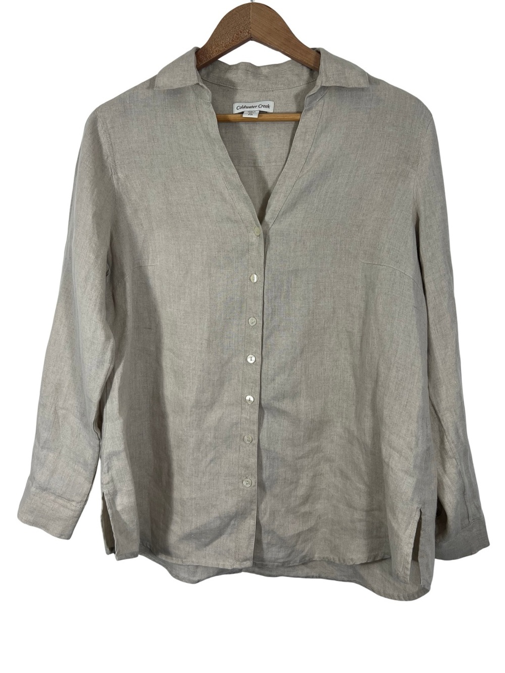 Coldwater Creek 100% Linen Button Up Shirt Womens Large Petite Beige India Made